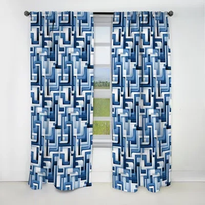 Design Art White And Blue Geometric Blocks Harmony I - Abstract Geometric Blackout Curtain - 1 Panels In Blue;white