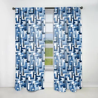 Design Art White And Blue Geometric Blocks Harmony I - Modern Velvet Curtain - Room Darkening - 1 Panel In Blue;white