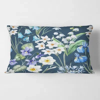 Design Art White And Blue Spring Flowers On Dark Blue - Traditional Printed Pillow