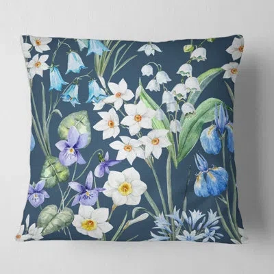 Design Art White And Blue Spring Flowers On Dark Blue - Traditional Printed Throw Pillow