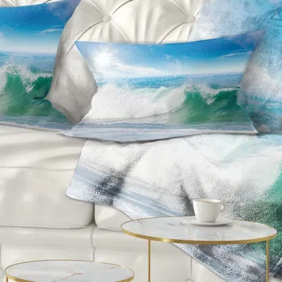 Design Art White And Blue Waves Under Sun - Sea & Shore Printed Throw Pillow In Blue;white