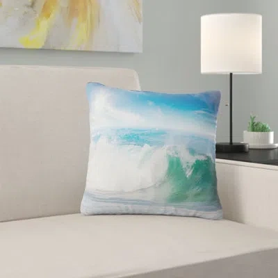 Design Art White And Blue Waves Under Sun - Sea & Shore Printed Throw Pillow In Blue;white