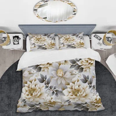 Design Art White And Gold Chrysanthemum Mandalas Ii Bedding In Gray;beige