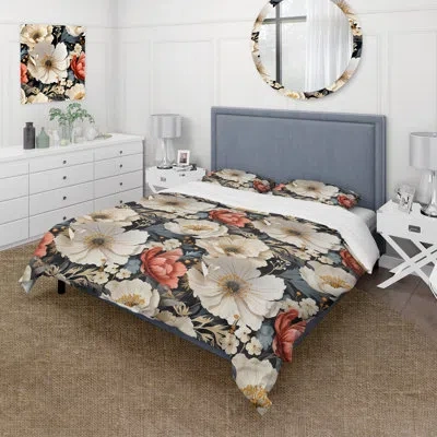 Design Art White And Gold Contemporary Floral Fusion Collage - Floral Duvet Cover Set - Microfiber Polyester In White;gold