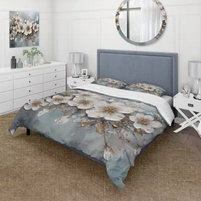 Design Art White And Gold Daisy Symphony Iii - Daisy Duvet Cover Set - Microfiber Polyester In White;gold