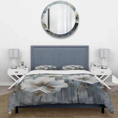 Design Art White And Gold Daisy Symphony V - Daisy Duvet Cover Set - Microfiber Polyester In White;gold