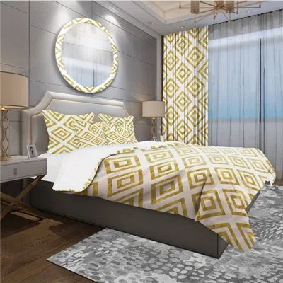 Design Art White And Gold Pattern - Contemporary Geometric Duvet Cover Set - Microfiber Polyester In Yellow;gold