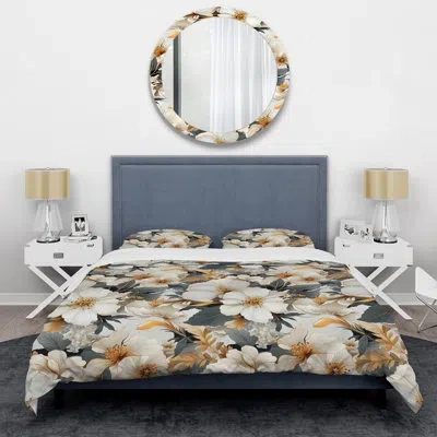 Design Art White And Gold Tropical Floral Paradise Iii - Floral Duvet Cover Set In White;gray;gold