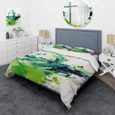 Design Art White And Green Abstract Ink Expression I - Abstract Painting Duvet Cover Set In Blue;green