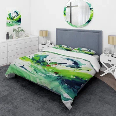 Design Art White And Green Abstract Ink Expression Ii - Abstract Painting Duvet Cover Set In Blue;green