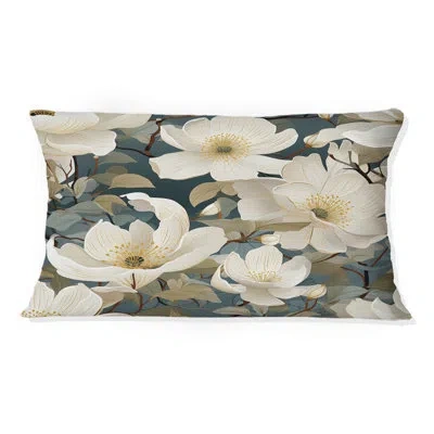 Design Art White And Green Rose Flowers - Floral Printed Throw Pillow In White;green