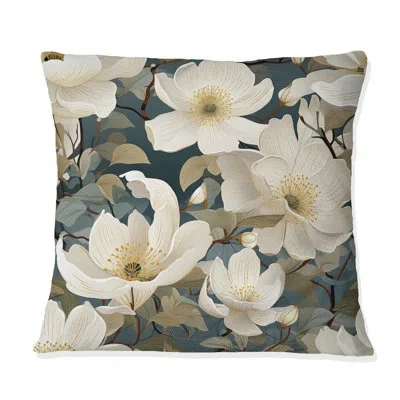 Design Art White And Green Rose Flowers - Floral Printed Throw Pillow In White;green