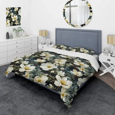 Design Art White And Green Rose Flowers I Duvet Cover Set In White;green;yellow