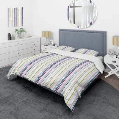Design Art White And Green Striped Pattern - Abstract Duvet Cover Set - Microfiber Polyester In White,blue