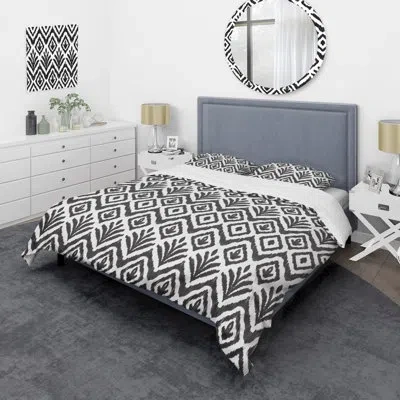 Design Art White And Grey Ikat Ogee - Abstract Duvet Cover Set - Microfiber Polyester In White,gray