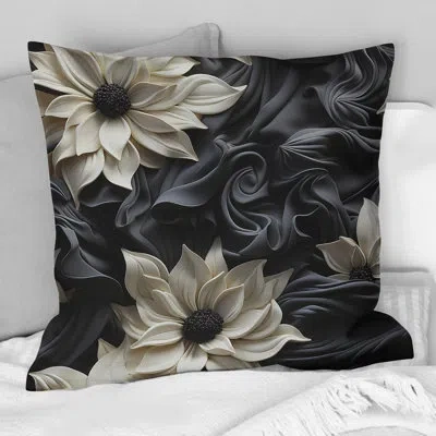 Design Art White And Grey Symphony Of Petal Gardens - Floral Printed Throw Pillow In White;gray