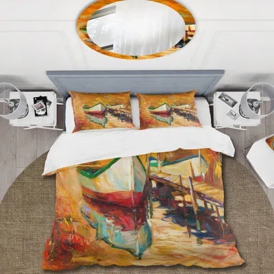 Design Art White And Red Boats By The Pier - Nautical & Coastal Duvet Cover Set - Microfiber Polyester In Orange,turquoise