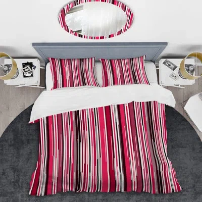 Design Art White And Red Striped Pattern - Abstract Duvet Cover Set - Microfiber Polyester In Red,pink
