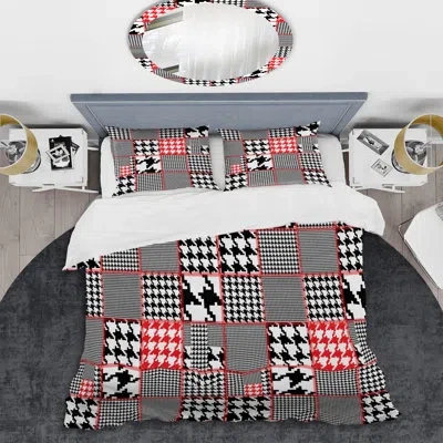 Design Art White And Silver Patchwork - Abstract Duvet Cover Set - Microfiber Polyester In Red,black