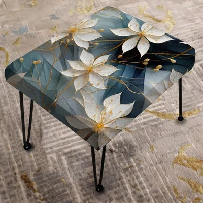 Design Art White And Teal Marble Flowers Serenity - Marble Rectangle Ottoman In White;teal