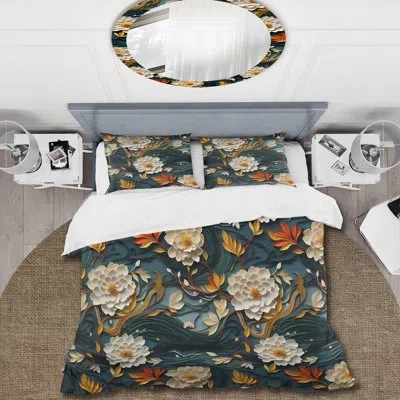 Design Art White And Teal Mindful Floral Beauty Zen Duvet Cover Set In White;teal