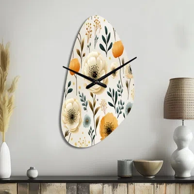 Design Art White And Yellow Playful Poppy Blossom Radiance - Floral Irregular Shape Metal Clock, White Asymmetr
