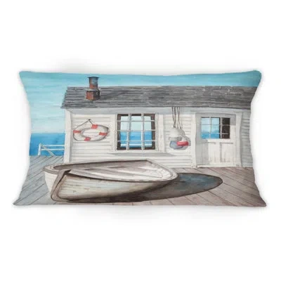 Design Art White Beach Cabin On Wood Pier - Nautical & Coastal Printed Throw Pillow 1