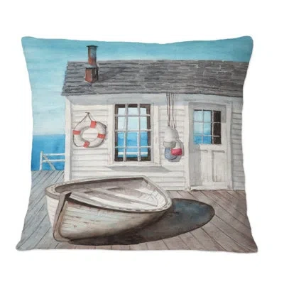 Design Art White Beach Cabin On Wood Pier - Nautical & Coastal Printed Throw Pillow