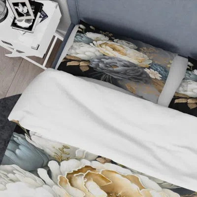 Design Art White, Blue And Grey Peony Bouquet I - Floral Peony Duvet Cover Set - Microfiber Polyester In Blue;white