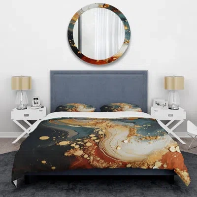 Design Art White Blue And Orange Stone Storm Ii - Abstract Painting Duvet Cover Set In Orange;gold