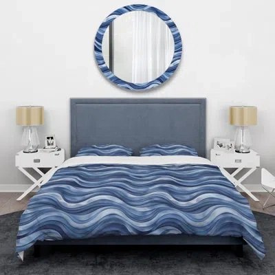 Design Art White Blue Modern Waves I - Modern Duvet Cover Set In Blue;navy