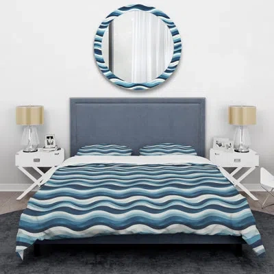 Design Art White Blue Modern Waves Iv - Modern Duvet Cover Set In Blue;white