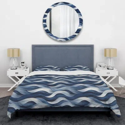 Design Art White Blue Modern Waves V - Modern Duvet Cover Set In Blue;white