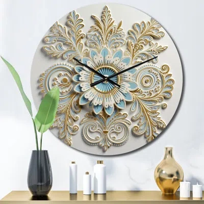 Design Art White Blue Stylish Boho Floral Arrangements Metal Wall Clock