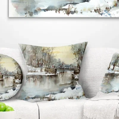 Design Art White Bridge Over River - Landscape Printed Pillow In Black;white