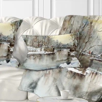 Design Art White Bridge Over River - Landscape Printed Throw Pillow