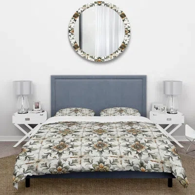 Design Art White Brown Floral Farmhouse Tiles - Farmhouse Duvet Cover Set In Brown;white
