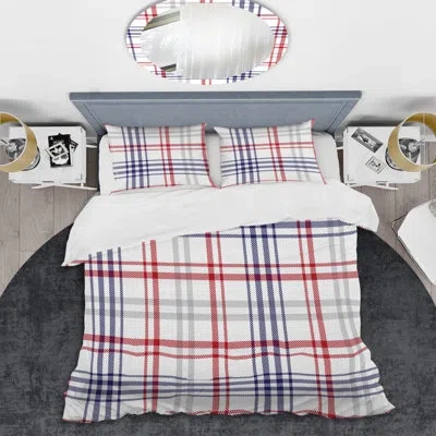 Design Art White Checked Tartan - Abstract Duvet Cover Set - Microfiber Polyester In Red,blue,white