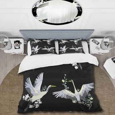 Design Art White Crane Birds On Black - Modern Duvet Cover Set - Microfiber Polyester