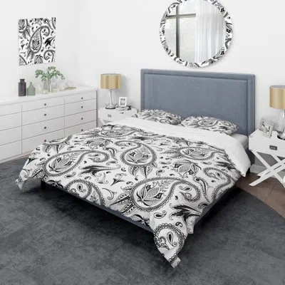 Design Art White Floral Paisley - Abstract Duvet Cover Set - Microfiber Polyester In White,gray