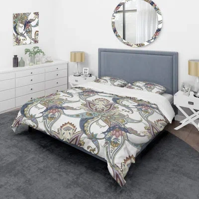 Design Art White Floral Paisley I - Abstract Duvet Cover Set - Microfiber Polyester In Purple,blue,yellow