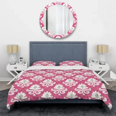 Design Art White Flower Ikat - Abstract Duvet Cover Set - Microfiber Polyester In White;pink