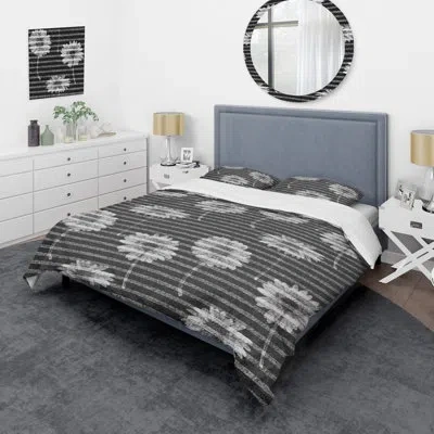 Design Art White Flower Striped - Abstract Duvet Cover Set - Microfiber Polyester In Gray