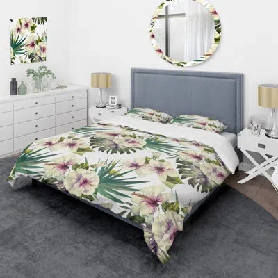 Design Art White Flowers And Leaf - Cabin & Lodge Duvet Cover Set In Green,beige,white