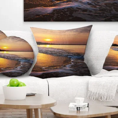 Design Art White Foaming Waves At Sunset - Sea & Shore Printed Throw Pillow