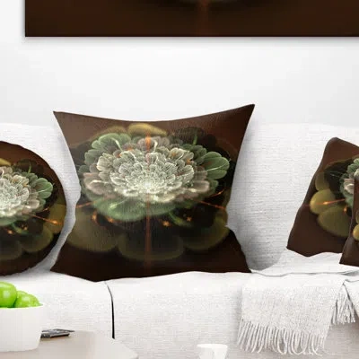 Design Art White Fractal Flower On Brown - Floral Printed Pillow In Brown;white