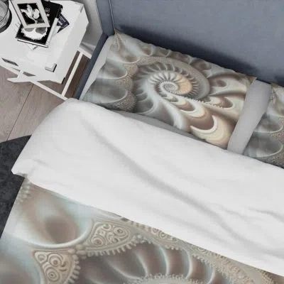Design Art White Fractal Spiraling Ii - Abstract Geometric Duvet Cover Set - Microfiber Polyester In White;gray