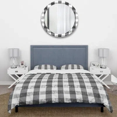Design Art White Gingham Print I - Midcentury Duvet Cover Set In White;gray