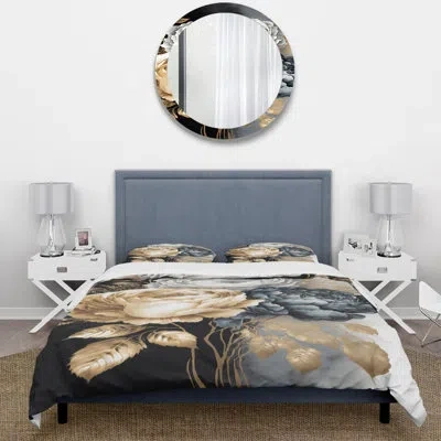 Design Art White, Gold And Black Rose Bouquet I - Floral Rose Duvet Cover Set - Microfiber Polyester In Black;gold