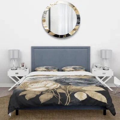Design Art White, Gold And Black Rose Bouquet Ii - Floral Rose Duvet Cover Set - Microfiber Polyester In Black;gold